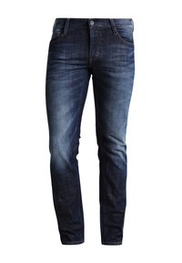 Tmavomodré denimové džínsy s slim fit strihom, so zosvetlenými miestami, piatimi vreckami a kovovým gombíkovým zapínaním. Rovný strih nohavíc.