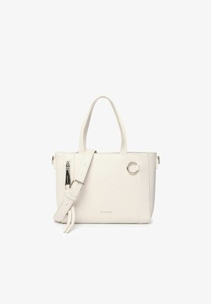 Bolso de mano sintético blanco con dos asas superiores, tira de hombro desmontable, herrajes en plateado, cierre de cremallera y detalle circular decorativo.