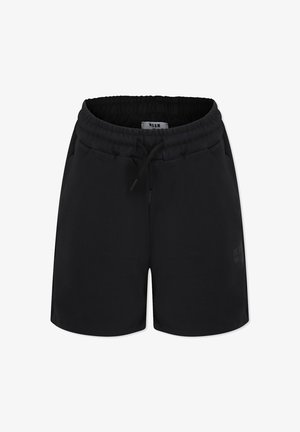 Pantaloni corti neri realizzati in tessuto liscio, con vita elastica, cordino e logo discreto sul davanti. Presenta tasche laterali.