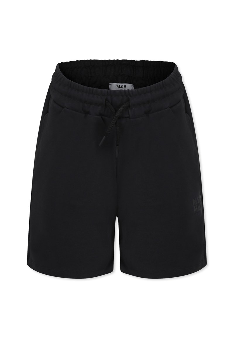 Pantaloni corti neri realizzati in tessuto liscio, con vita elastica, cordino e logo discreto sul davanti. Presenta tasche laterali.