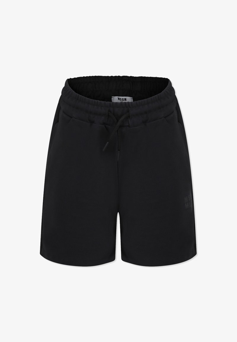 Pantaloni corti neri realizzati in tessuto liscio, con vita elastica, cordino e logo discreto sul davanti. Presenta tasche laterali.