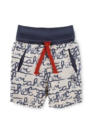 Kürzere Hose für Kleinkinder mit marineblauem Bund, rotem Kordelzug, Seitentaschen und weißem Stoff mit blauem Kursivschriftmuster.