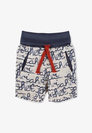 Kürzere Hose für Kleinkinder mit marineblauem Bund, rotem Kordelzug, Seitentaschen und weißem Stoff mit blauem Kursivschriftmuster.