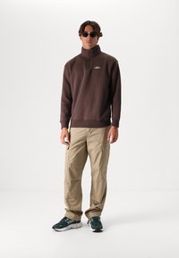 Brown fleece zip-up sweatshirt, beige cargo pants, green-black sneakers, and sunglasses. Simple design, casual fit, and textured fabric.