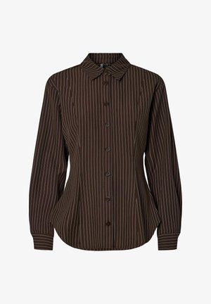 Chemise à manches longues rayée marron avec un col pointu et une fermeture boutonnée à l'avant. Présente des rayures blanches verticales et un ourlet arrondi pour une coupe décontractée.