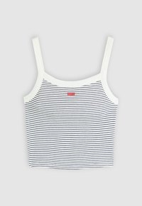 Prugasti bijeli i mornarsko plavi top na traku s tankim bijelim trakama i kvadratnim izrezom. Sadrži mali crveni Levi's logo na prednjoj strani.