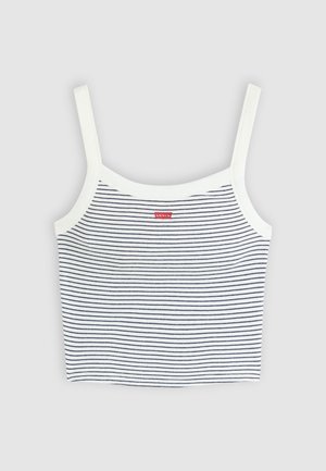 Top corto a righe bianche e blu navy con spalline sottili bianche e scollatura quadrata. Presenta un piccolo logo rosso Levi's sul fronte.