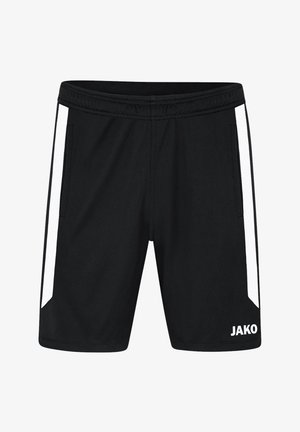 Shorts de sport noirs avec des rayures blanches sur les côtés, deux poches latérales, une taille élastique, et un logo JAKO en bas à gauche.