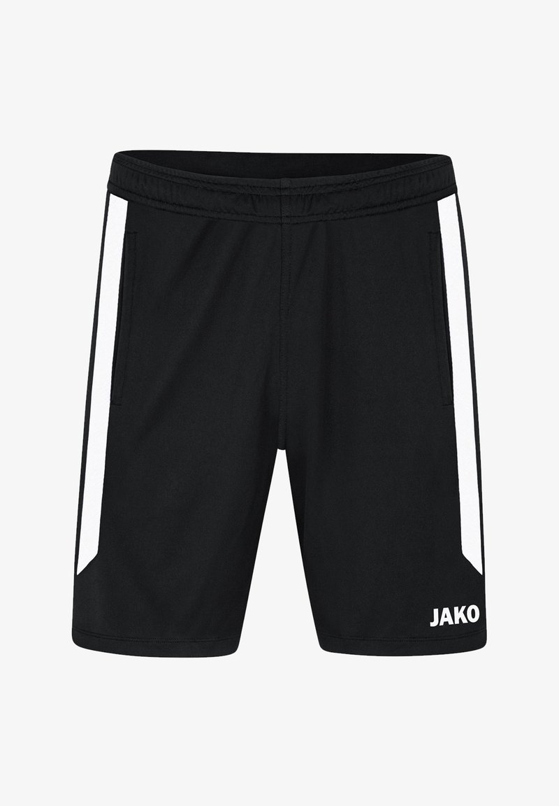 Zwarte sportshorts met witte zijstrepen, twee zijzakken, elastische tailleband en JAKO-logo aan de onderlinkerkant.