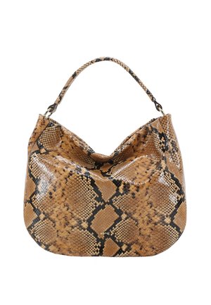 Brown faux snakeskin handbag with a slouchy shape, contrasting black patterns, and a curved handle. Smooth, glossy texture.