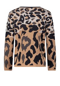 Pull imprimé léopard avec une base beige, des motifs noirs et gris, des manches longues et un col rond. Texture douce en maille.