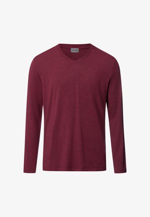 Dlouhý rukáv, tričko s V výstřihem v hluboké burgundské barvě, vyrobené z měkké, lehké tkaniny s hladkou strukturou a bez viditelných vzorů nebo akcentů.