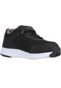 Schwarzer Sportschuh mit Mesh-Material, einem Klettverschluss und einer weißen Gummisohle. Abgerundete Zehenpartie und strukturierte Akzente an den Seiten.