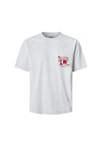 Gray cotton t-shirt featuring a printed graphic in red, depicting a computer and the text "OFF-LINE!" on the left chest area. Short sleeves.