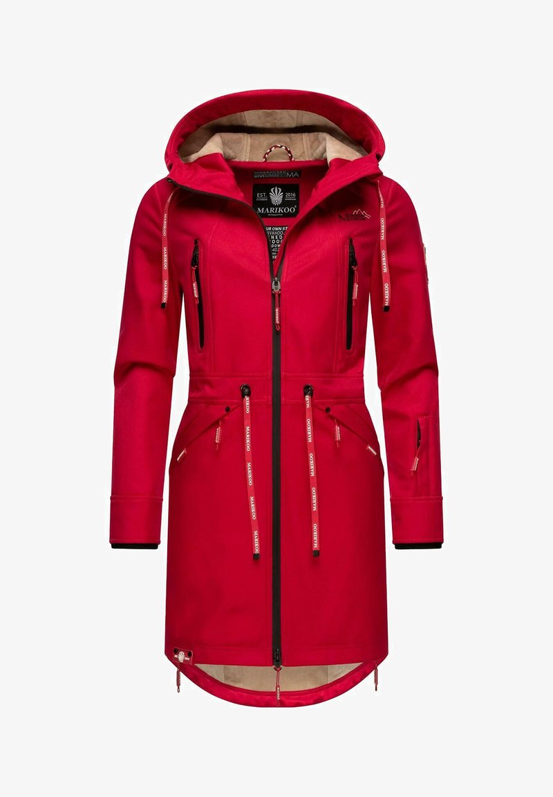 Red waterproof jacket with a hood, featuring zippered pockets, adjustable drawstrings, and a soft inner lining for comfort.