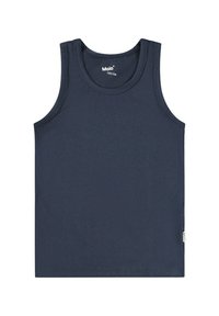 Top in cotone blu navy con scollatura rotonda e spalline larghe. Presenta un'etichetta sulla cucitura laterale. Texture liscia, design minimal.