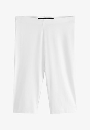 Weiße, kniehohe, eng anliegende Shorts mit glatter Textur und elastischem Bund, flach auf weißem Hintergrund dargestellt.