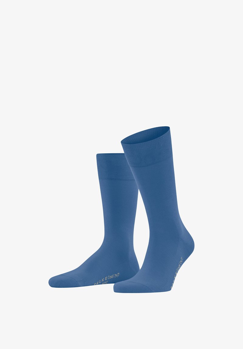 Niebieskie bawełniane skarpetki o gładkiej fakturze, z prążkowanymi mankietami oraz wzmocnionymi palcami i piętami. Lekka konstrukcja zapewniająca komfort i przewiewność.