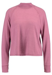 Rosa langärmliger Pullover mit hochgeschlossenem Kragen, aus weichem Material und mit gerippten Bündchen. Entworfen mit Raglanärmeln für eine legere Passform.