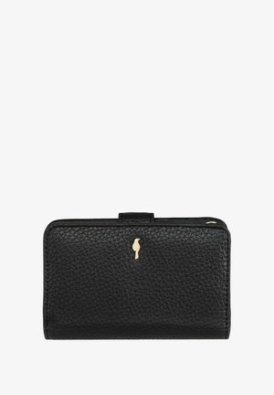 Czarny skórzany portfel o fakturze przypominającej drobne kamyki, prostokątny kształt i złotą ptasią emblemat na froncie. Zamek błyskawiczny na górze.