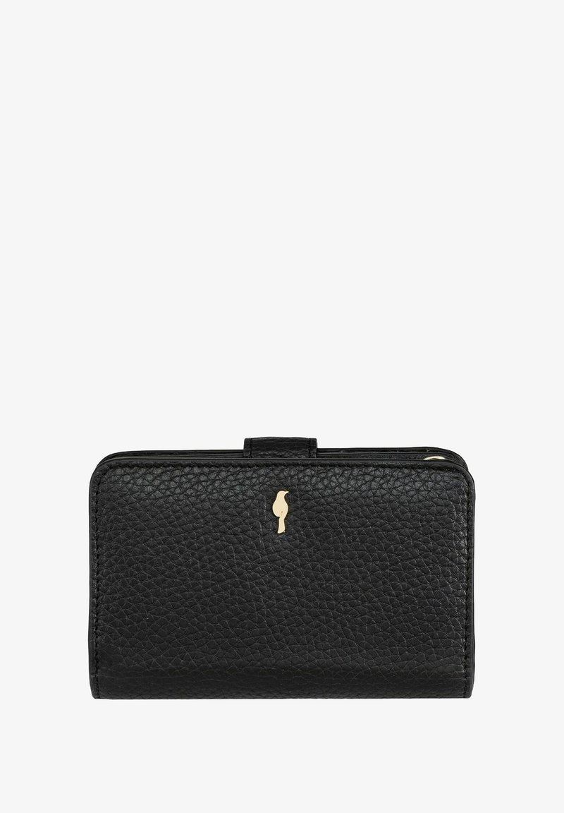 Czarny skórzany portfel o fakturze przypominającej drobne kamyki, prostokątny kształt i złotą ptasią emblemat na froncie. Zamek błyskawiczny na górze.