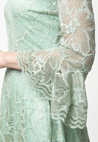 Robe en dentelle vert clair avec des motifs floraux et des manches évasées transparentes couvrant le bras et le haut du torse.