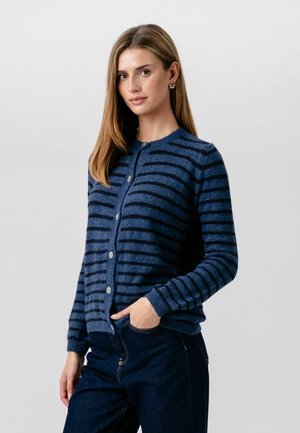 Woman with straight light brown hair wearing a blue and black striped buttoned cardigan and dark jeans, standing with one hand in pocket.