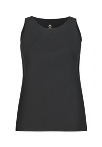 Camiseta sin mangas negra hecha de tela suave. Presenta un escote redondeado y un logo sutil en el frente. Dobladillo ligeramente curvado.