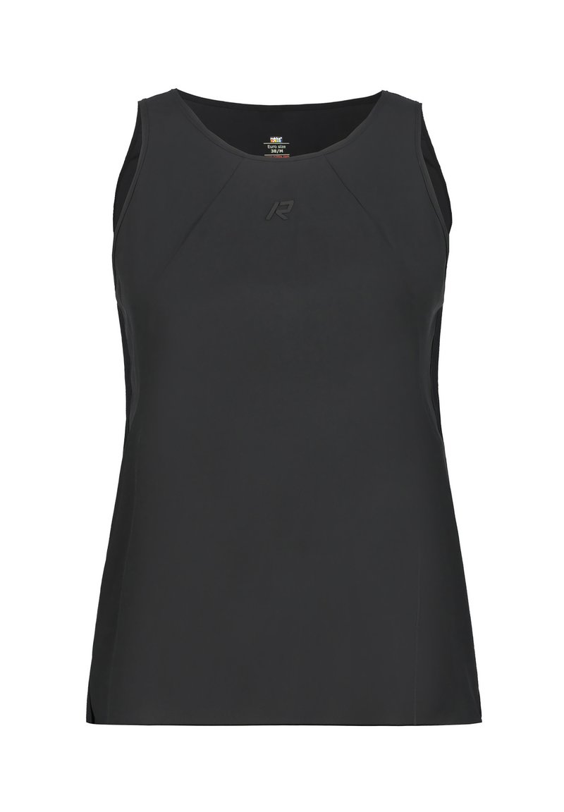 Camiseta sin mangas negra hecha de tela suave. Presenta un escote redondeado y un logo sutil en el frente. Dobladillo ligeramente curvado.