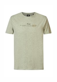 Light green cotton t-shirt with short sleeves, crew neck, and printed text design on the front; textured fabric with slight heathering.