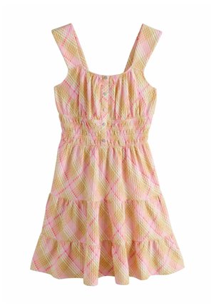Hihaton pinkki ja keltaruudullinen mekko, jossa napit edessä, joustava vyötärö ja kerroksellinen hame.