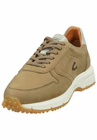 Tan leather sneaker with a smooth texture, round toe, lace-up design, and a light grey accent on the heel; featuring a patterned rubber sole.