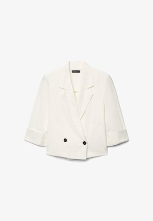 Blazer bianco corto doppiopetto con ampie rever e maniche a tre quarti con polsini, caratterizzato da due bottoni neri.