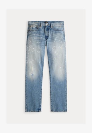 Light blue denim jeans with paint splatters and a small tear on the left thigh, front view, with five pockets and button closure.