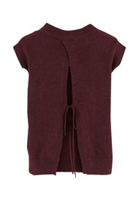 Top tricotat bordeaux cu mâneci scurte, având o fanta la spate legată cu șnururi pentru un ajustaj personalizat. Textură moale, design casual.