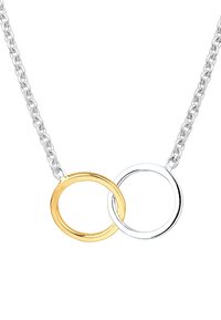 Två sammanlänkade ringar, en i guld och en i silver, hängande från ett silverhalsband.