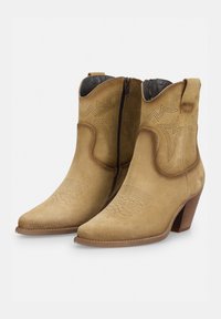 Kawalskie buty zamszowe w kolorze tan, z ostro zakończonym noskiem, ozdobnym haftem, bocznymi zamkami błyskawicznymi oraz zakrzywionym obcasem, które dodaje wysokości.