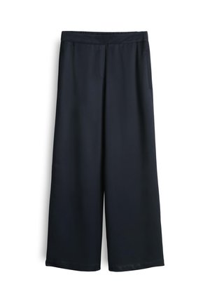 Wide-leg, dark navy trousers with an elastic waistband, featuring two side pockets and a smooth, lightweight fabric.