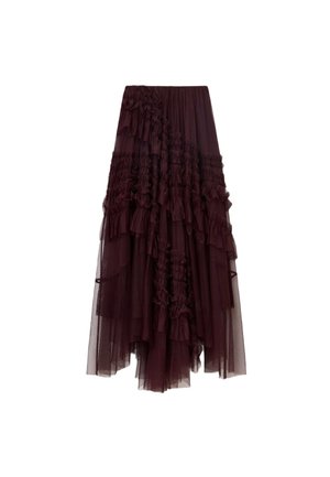 Burgundska tulle krila z oblaki, elastičnim pasom in različnimi dolžinami, ki se ponaša z mehko, lahko teksturo.