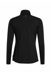 Schwarzes Langarmshirt mit einem hohen Kragen, glatter Textur und minimalistischem Design. Verfügt über gestickte Nähte und ein kleines Logo auf dem Rücken.
