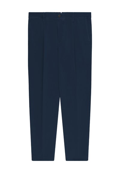 Navy blue tailored trousers with front pleats, belt loops, side pockets, and button closure at the waistband.