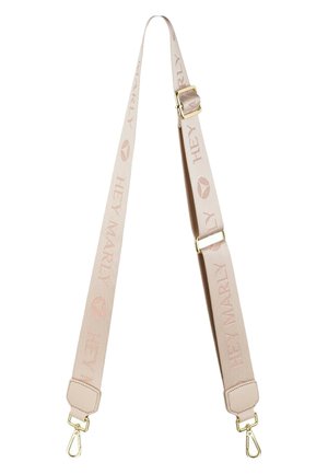 Sangle d'épaule en toile rose réglable avec le logo embossé "HEY MARLY", matériel doré et accents en cuir, adaptée aux sacs.