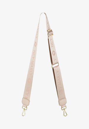 Adjustable pink canvas shoulder strap with embossed "HEY MARLY" logo, golden hardware, and leather accents, suitable for bags.