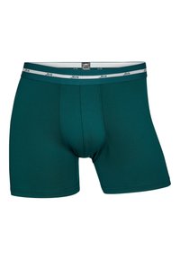 Dark teal men's boxer briefs with a snug fit, featuring a white elastic waistband branded with "JBS" and a smooth, soft texture.