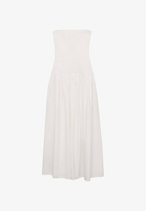 Biela midi šaty bez ramienok s textúrovanou priliehavou korúnou a splývajúcou, riasičiou sukňou. Hladká tkanina bez viditeľných vzorov alebo akcentov.