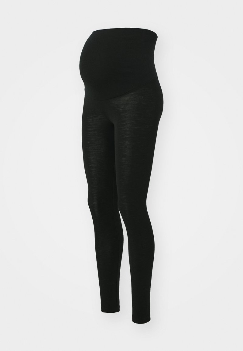 Črne materinske legice z visokim pasom za podporo, narejene iz mehkega, elastičnega materiala z gladko teksturo.