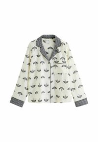 Langarm-Pyjama-Oberteil in hellem Creme mit schwarz-weißem Regenschirm-Muster. Verfügt über einen schwarzen geometrischen Rand am Kragen und den Bündchen sowie eine Brusttasche.