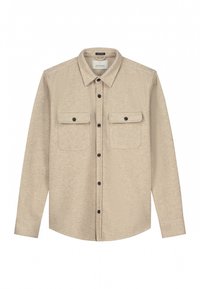 Beige flannel skjorte med knap-til-ned krave, to brystlommer og sorte knapper, med et struktureret stof og lange ærmer.