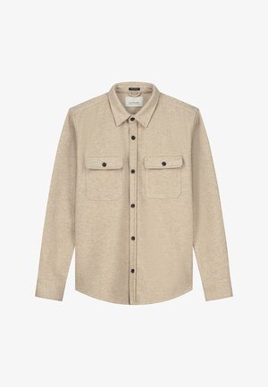 Beige Flanellhemd mit Button-Down-Kragen, zwei Brusttaschen und schwarzen Knöpfen, aus strukturiertem Stoff und mit langen Ärmeln.