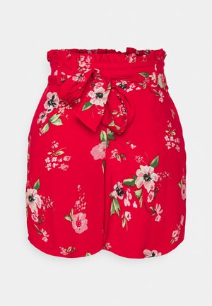 Røde shorts med høj talje, blomsterprint, flæset taljebånd og et bundet stofbælte foran.